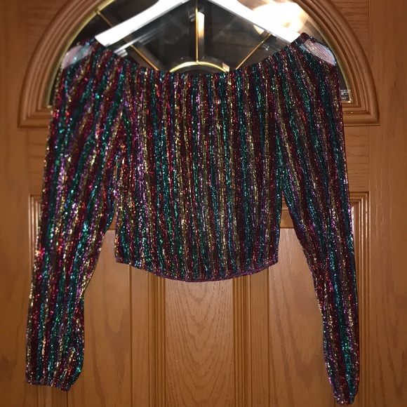 Windsor Black & Rainbow Striped Glitter Lux Off The Shoulder Cropped Blouse - Picture 14 of 14